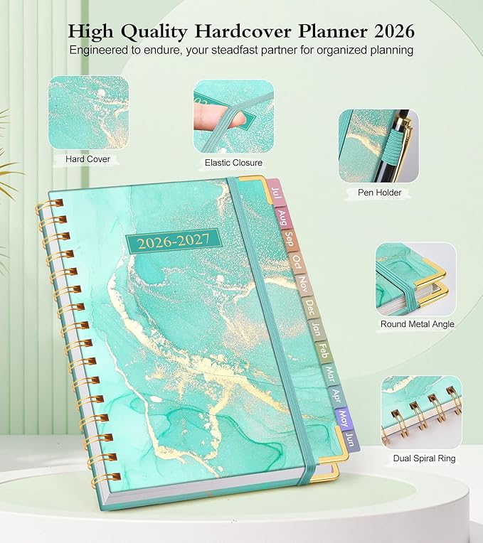 Academic Planner 2026-2027, Hardcover Weekly and Monthly Calendar Planner from July 2026 - June 2027, Daily Agenda Planners with Tabs, College School Organizer for Student Teacher, A4 (8.5" x 11"), Teal Marble