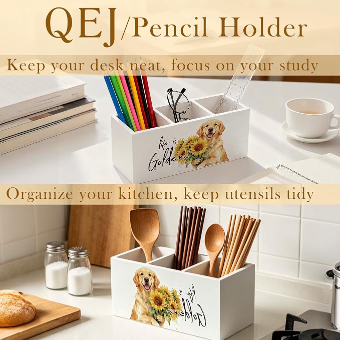 Golden Retriever Gifts Pen Holder for Desk, Golden Retriever Gifts for Women, Sunflower Floral Dog Wooden Box Pencil Pen Organizer for Home Office Desk Tabletop