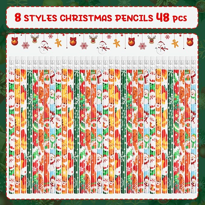 SULOLI Christmas Pencils with Eraser, 48pcs Xmas Themed Pencil with Santa Claus, Elk, Christmas Tree and Snowflake for Kids Children Christmas Party Supplies(8 Styles)