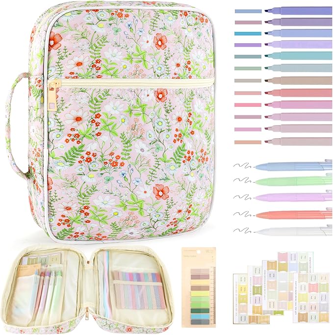 Zkptops Bible Cover Case for Women Large Bible Bag Cotton Quilted Bible Carrying Case with Zipper Pocket and Handle Carrying Book Cover for Christian Study Supplies Christian Gift(Jungle Flowers)