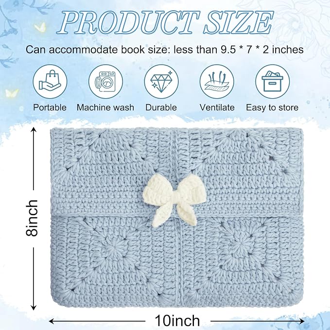 Maitys Crochet Bible Sleeve with Bow 11 x 9 Inch Handmade Blue Crochet Book Cover Protector with Magnetic Snap Washable Bible Bag Pouch Christian Gift for Women Book Lover Gifts