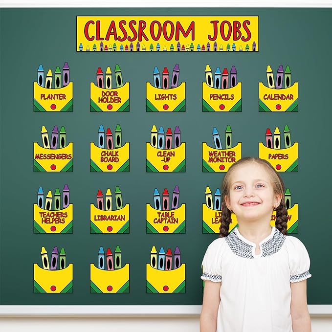 FYSUIMU Crayon Class Jobs Bulletin Board Set Colorful Classroom Jobs Pocket Chart with Name Cards Teacher's Helper Chalkboard Decor for Back to School Teacher Students Supplies, 71Pcs