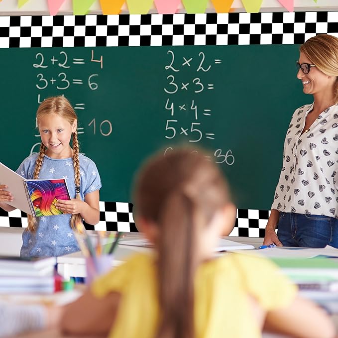 66 ft Black and white checkered flag bulletin board border Checkered die-cut border trim paper cutouts roll for Back to School Decoration Chalkboard Bulletin Board Window Wall Home Funny Decor