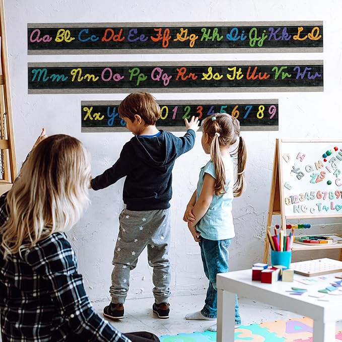 Set of 9 Cursive Writing Bulletin Board Cursive Alphabet Wall Strip for Teacher Supplies, Classroom Teaching Tool, Homeschooling, Kids Education (Vibrant)