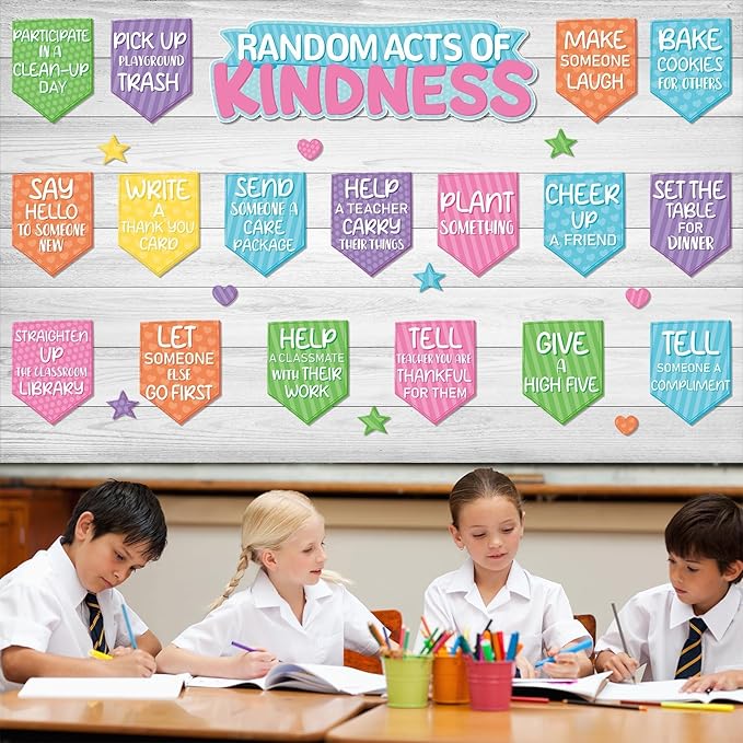 QOUBAI Random Acts of Kindness Bulletin Board Set Colorful Motivational Classroom Bulletin Decorations Rainbow Flip Kind Challenge Cutouts for Back to School Office Home Chalkboard Decor Wall Door