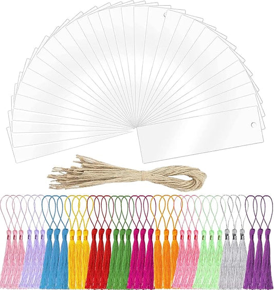 Acrylic Blank Bookmark, BetterJonny 30Pcs Clear Craft Book Markers with 36Pcs Colorful Tassels and 30Pcs Ropes Unfinished Transparent Rectangle Tags for DIY Projects and Present