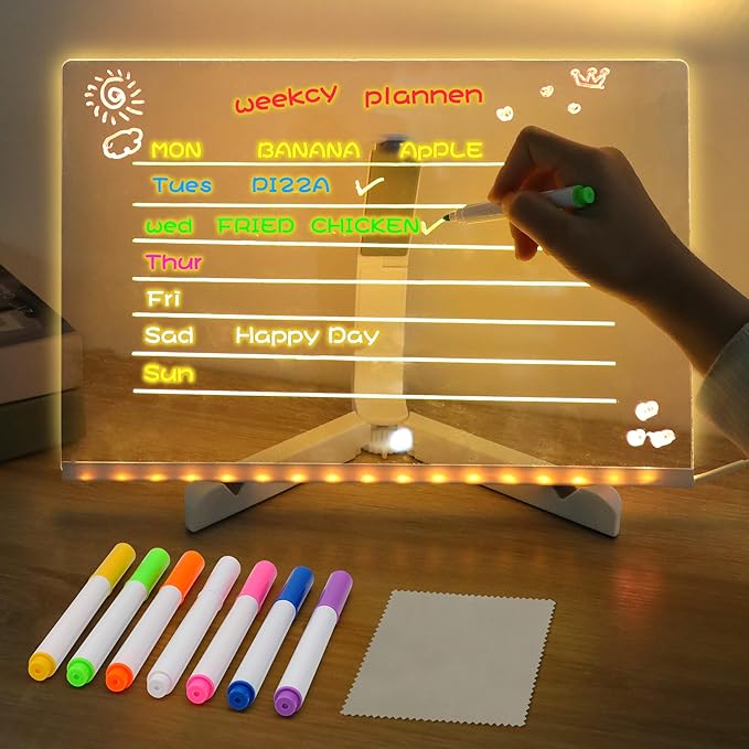 LED Note Board with Colors, Acrylic Dry Erase Board with Light, Magical Light Board, Light Up White Board with 7 Color Pen and Adjustable Stand, for Office School Home, Gift for Kids(12"x8")