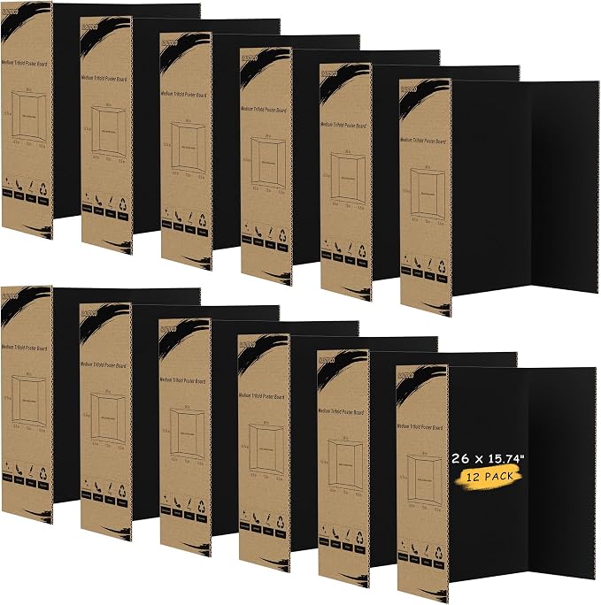 HAUTOCO 12 Pack Trifold Poster Board 26'' x 15.74'' Medium Tri Fold Project Boards Black Corrugated Presentation Cardboard for Science Fairs, School Projects, Event Displays, Business