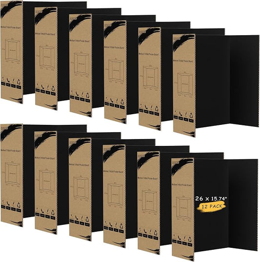 HAUTOCO 12 Pack Trifold Poster Board 26'' x 15.74'' Medium Tri Fold Project Boards Black Corrugated Presentation Cardboard for Science Fairs, School Projects, Event Displays, Business