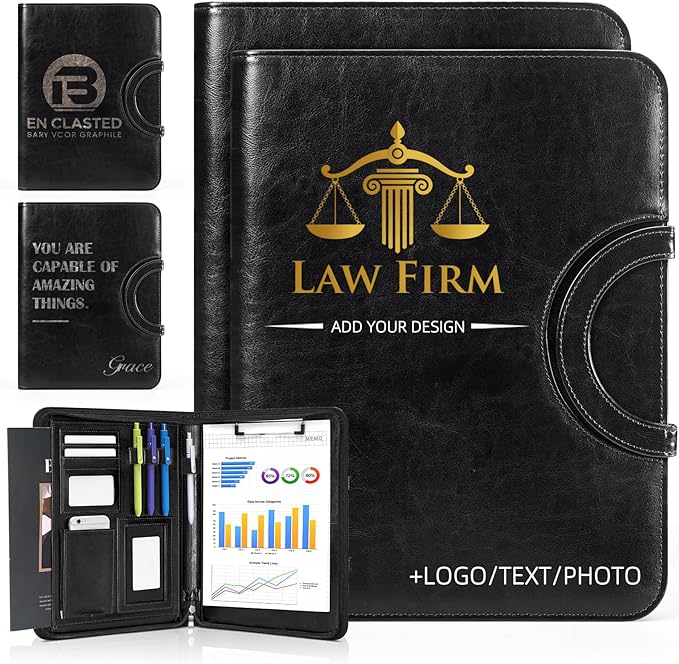 ENOMY Personalized Padfolio with Handle & Zipper Custom Portfolio with Logo/Text/Photo Durable Leather Portfolio for Men & Women Work Interviews Office Gifts (Black)