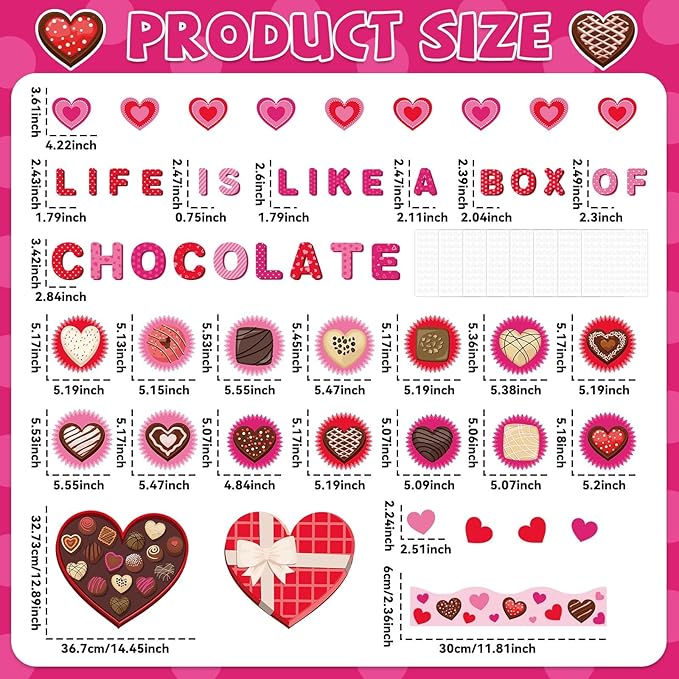 gisgfim Valentine’s Day Bulletin Board Set Decorations Valentines Classroom Decor Chocolate Heart Photo Craft Cutouts for School Home Chalkboard Wall Door Party Supply(Life Is like a Box of Chocalate)