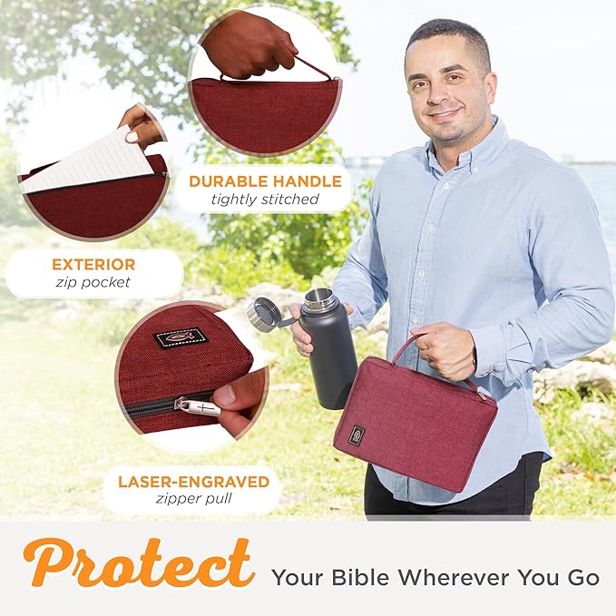 Christian Art Gifts Men/Women's Bible Cover Jesus Fish, Red Canvas, Large