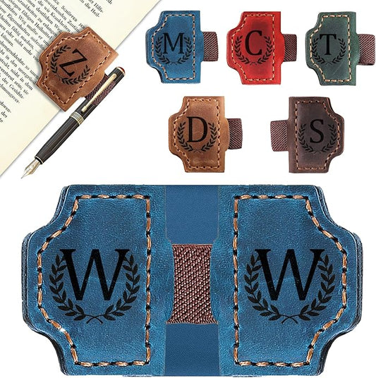Custom Magnetic Bookmarks with Pen Holder, Personalized 26 Letters Name Initial Leather Bookmark, Leather Book Mark for Men Women Teachers, Readers Book Lovers Gifts (Blue, W)
