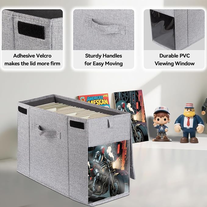 3 Pack Comic Book Storage Box with Lid, Collapsible Magazine Organizer with Clear Window, Heavy Duty Case Container Holder, Grey