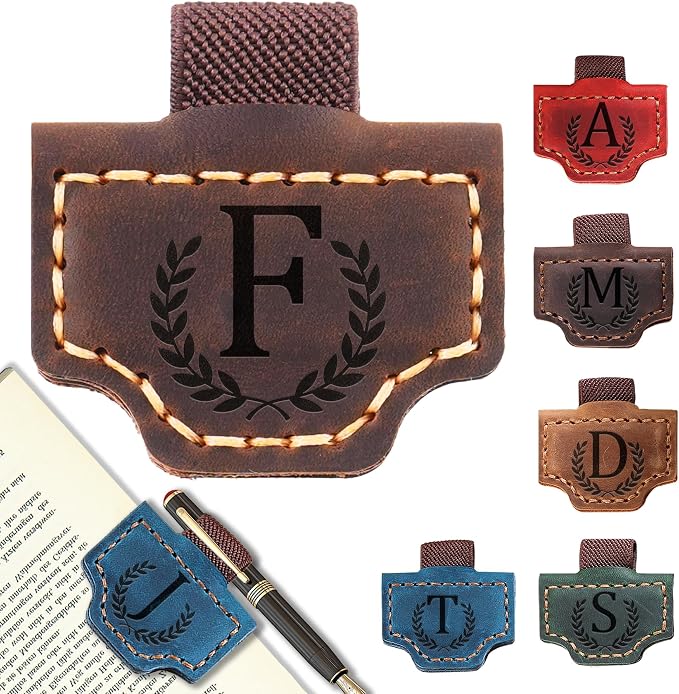 Personalized Leather Magnetic Bookmark with Pen Holder, Bookmark 26 Letters Name Initial Bookmarks for Readers, Book Lover Gifts for Women Men Notebook Accessories (Coffee, F)