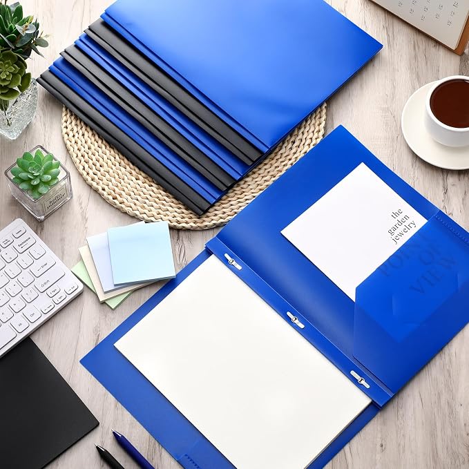 Cholemy 72 Packs Pocket Folders with Prongs Heavy Duty Plastic Folder with Business Card Slot 3 Prong Fasteners for School Office (Black,Blue)