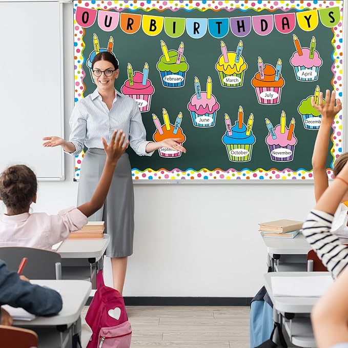 Justforjoyful Birthday Bulletin Board Classroom Decorations Colorful Cupcake Cutouts Colorful Candle Name Tags Decoration for Wall Chalkboard Preschool Classroom Decor Teacher Back to School Supplies