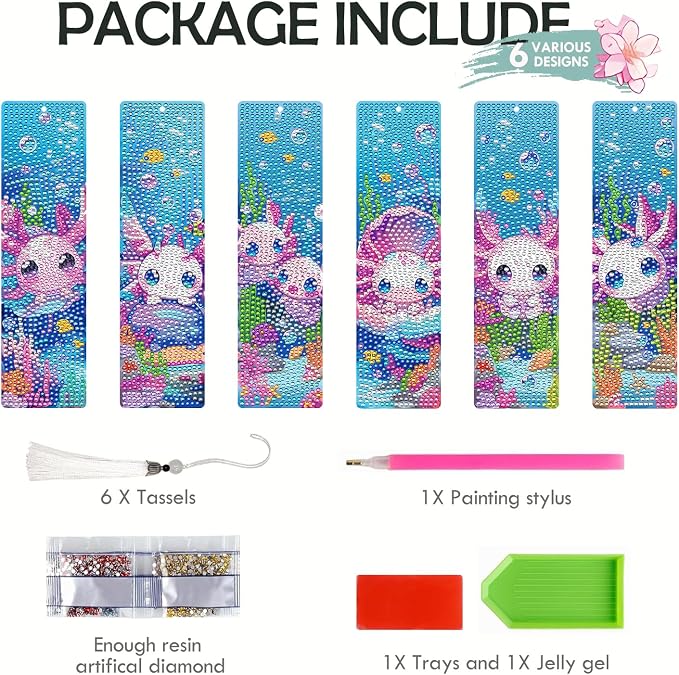 Axolotl Diamond Art Painting Bookmarks - 6 Pcs DIY Pink Animal Diamond Painting Kits with Tassel Sea Art Craft Back to School Supplies Graduation Gift for Teacher Student Book Lover