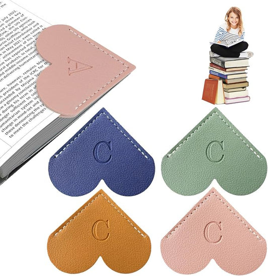 4Pcs Personalized Leather Heart Bookmark With Initial, 26 Letters Custom Corner Page Book Mark For Reading Women, Book Lovers, Teachers, Students, Cute Book Accessories(Blue+Green+Light Brown+Pink, C)