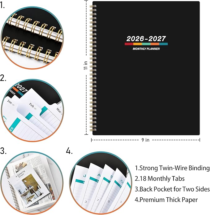 Planner 2026-2027 - 2026-2027 Monthly Planner, Monthly Calendar, 9" x 11", Jul 2026 - Dec 2027, Large, Twin-wire Binding, 12 Months Tabs, Holidays, Two-Sided Pocket, Thick Paper
