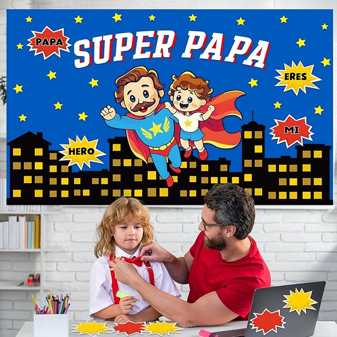 Happy Father's Day Bulletin Board Set Super Dad Themed Classroom Decorations Super Pa Pa Hero Cityscape Cutouts for Fathers Day School Office Wall Door Decor Chalkboard Supplies