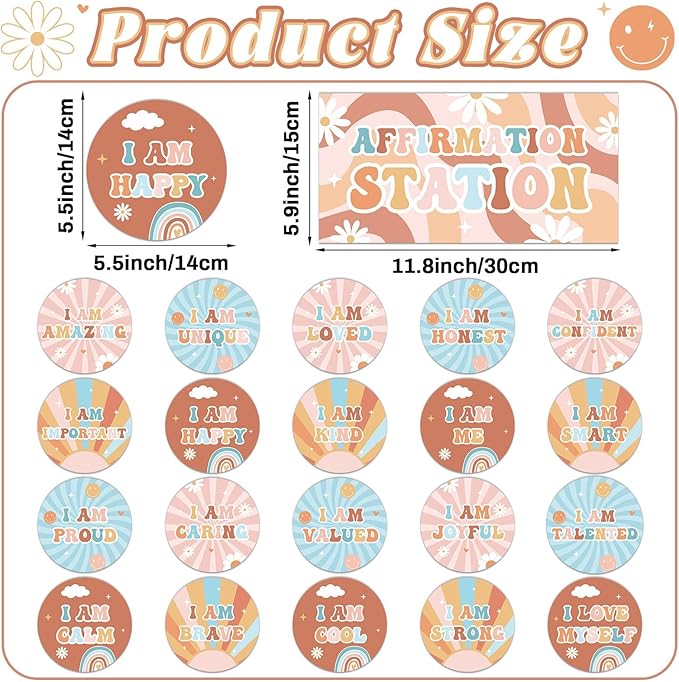Naozinebi Hippie Affirmation Station Bulletin Board Set Groovy Positive Bulletin Board for Classroom Mirror Growth Mindset Decors Inspirational Motivational Accent Cutout for Home School Wall Supply