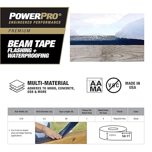 Power Pro Premium Exterior Deck Beam Flashing Tape for Decking, 4" x 50', All-Weather and Waterproof for Deck Protection, 1 Roll