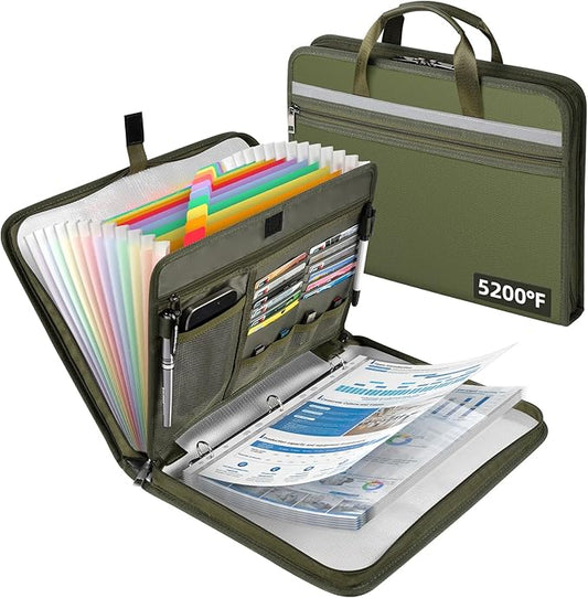 5200℉ Fireproof Document Organizer with 13 Accordion Expanding File Folder, Aluminum Foil Zipper Binder with 30 A4/Letter Sheet Protector, Binder for School Office Home Storage (Green)