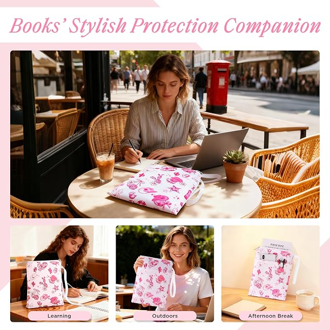 Book Sleeve with Zipper, 11''x 9'' Waterproof Paperback Sleeve for Book Lovers Books Pouch Cover with Handle for Hardcovers Kindle Sleeve for Reader Teacher Women (Pink denim style, 11x 9 inch)
