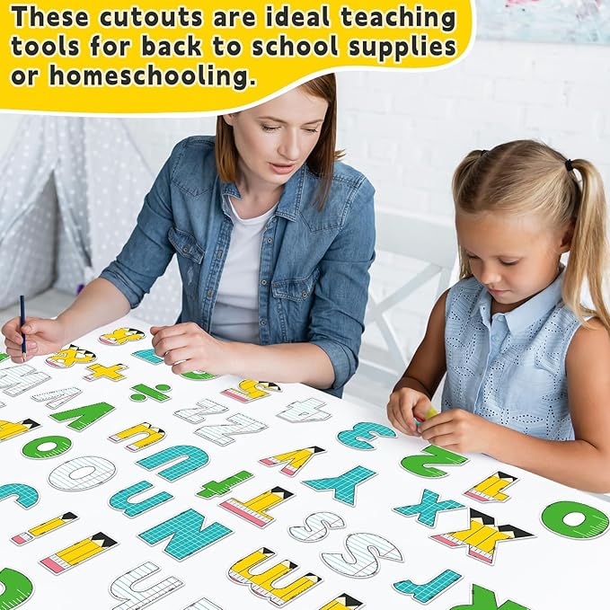 150Pcs Bulletin Board Letters Back to School Classroom Decor Pencil Lined Ruler Checked Alphabet Combo Set Alphabets Numbers Symbols Paper Cutouts for School Classroom Blackboard Decoration Supplies