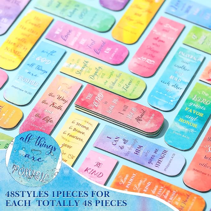 Zonon 48 Pcs Bible Verse Magnetic Christian Bookmarks, 0.8x4.7in Inspirational Scripture Book Markers for Women Men Religious Motivational Page Clips Book Lovers Reading Gifts(Watercolor Style)