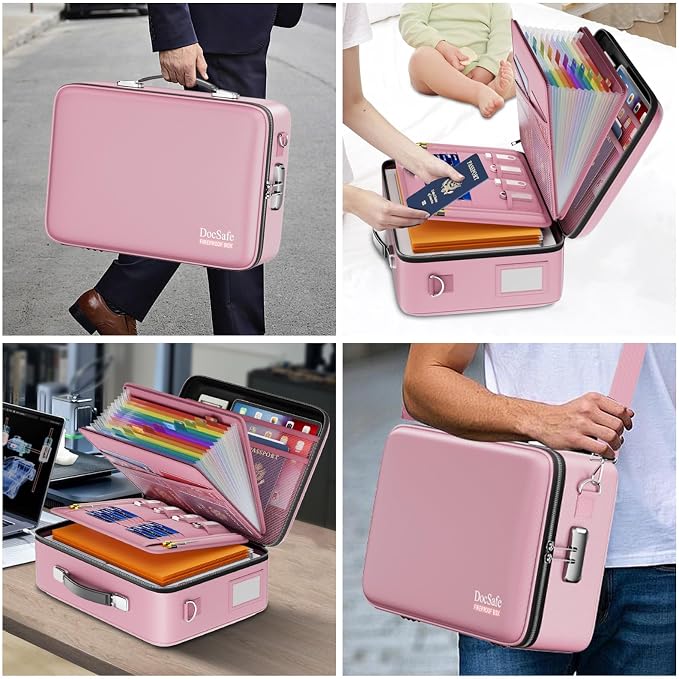 DocSafe Fireproof Document Box with Lock, Hard Case File Organizer with Accordion File Folder, Fireproof Water Resistant Safe Box Home Office Travel Storage for Important Documents Laptop Pink