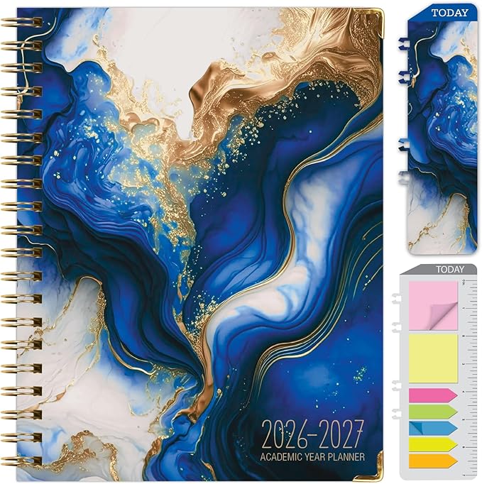 HARDCOVER Academic Year 2026-2027 Planner: 14 Months (May 2026 Through June 2027) 8.5"x 11" Daily Weekly Monthly Planner Yearly Agenda. Bookmark, Pocket Folder and Sticky Note Set (Dark Blue Marble)