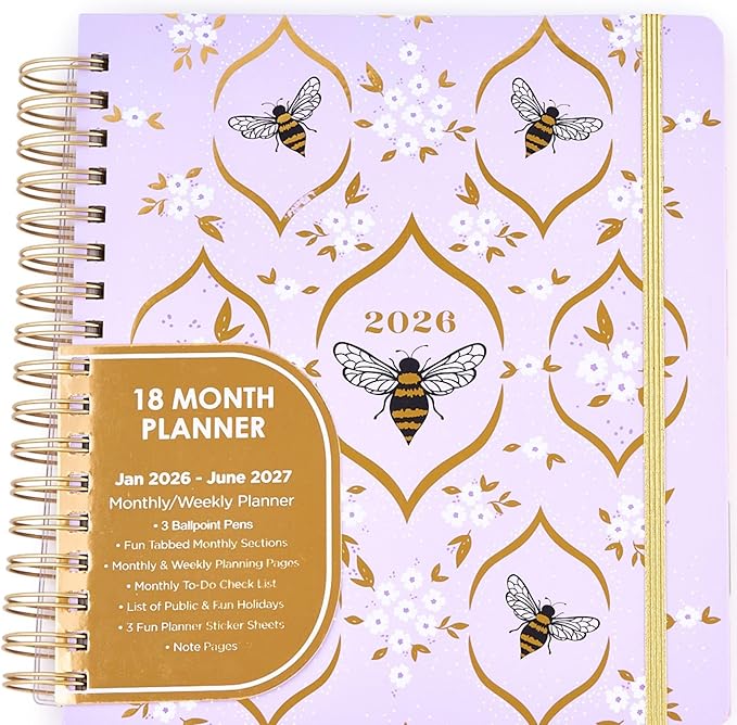 Votum 18 Month Hard Cover Planners/Calendars 10" x 10", January 2026 - June 2027 - Daily, Weekly & Monthly Organizer with Pens, Stickers, Sticky Notes, and a Sturdy Cover - Bee You