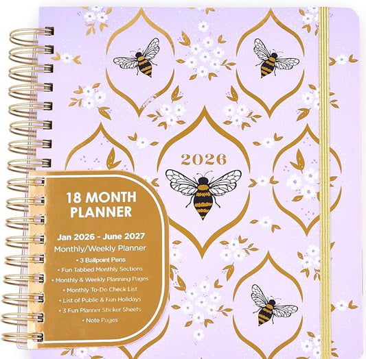 Votum 18 Month Hard Cover Planners/Calendars 10" x 10", January 2026 - June 2027 - Daily, Weekly & Monthly Organizer with Pens, Stickers, Sticky Notes, and a Sturdy Cover - Bee You