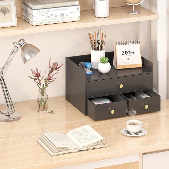Bamboo Desk Organizer with Drawers Wooden Desktop Storage Drawers (1, Black 3 Drawers)