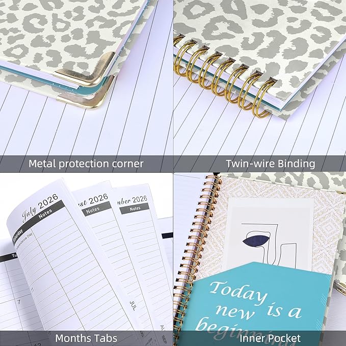 2026 Planner, Jan.2026 - Dec.2026 Planner Weekly and Monthly 6.25"x8.5" with Page Tabs, Calendar Hardcover with Inner Pocket, Elastic Band, Twin-Wire Binding, Bookmark, Gray Leopard