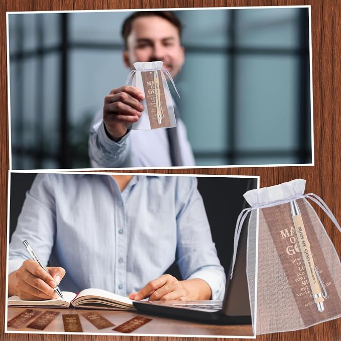 Dispowreath 24 Pcs/12 Sets Man of God Gift, Include 12 Man of God Ephesians 6: 10-11 Bookmark 12 Bible Verse Bamboo Ballpoint Pen for Men Church Prizes Party Favors