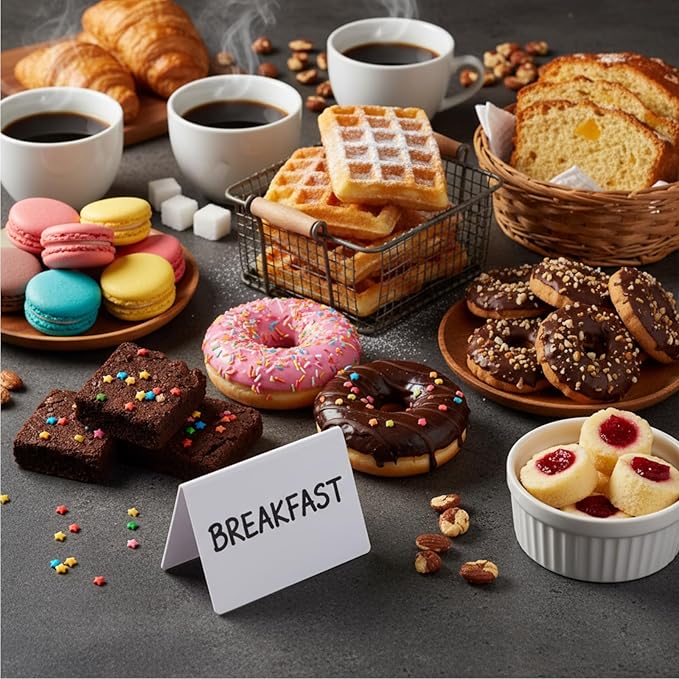 Outus 12 Pcs 4 x 3 Inches Buffet Food Labels Mini Small Chalkboard Signs White Acrylic Food Markers Little Price Signs with 2 Pcs Erasable Marker for Wedding Birthday Bakery Table Display