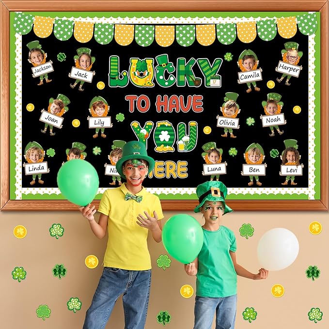 St. Patrick's Day Bulletin Board Set Leprechaun Clover DIY Photo Name Tag Classroom Decoration Green Lucky Shamrock Bulletin Board Cutouts for Irish Holiday Home Classroom School Chalkboard Wall Decor