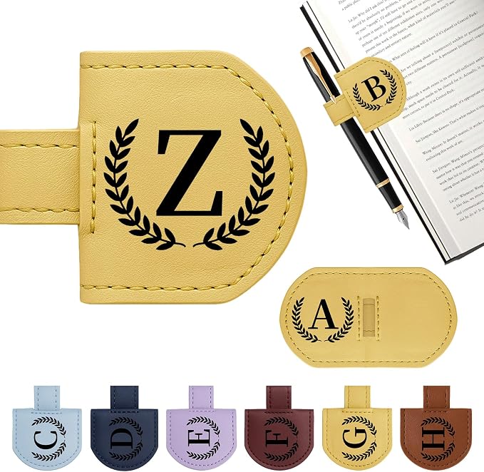 Personalized Magnetic Bookmark Pen Holder, Leather Book Marks for Reading Women& Men, Engraving 26 Letters Name Initial Bookmarks with Pencil Pen Holder, Gift for Book Lovers, Readers (Yellow, Z)