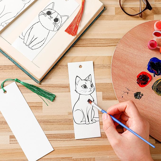 Sinmoe 120 Pcs Color Your Own Bookmarks 6 Styles Watercolor Bookmarks to Paint Card Stock Paper Watercolor Colorful Tassels Craft DIY for Classroom Projects Gifts Tags 5.9 x 2 Inch(Cat)