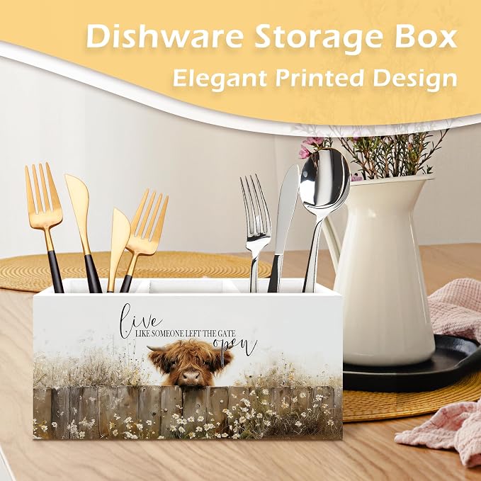 Inspirational Highland Cow Pen Pencil Holder, Highland Cow Gifts for Women, Live Like Someone Left the Gate Open Wooden Pen Pencil Organizer for Farmhouse Home Office Desk Decor