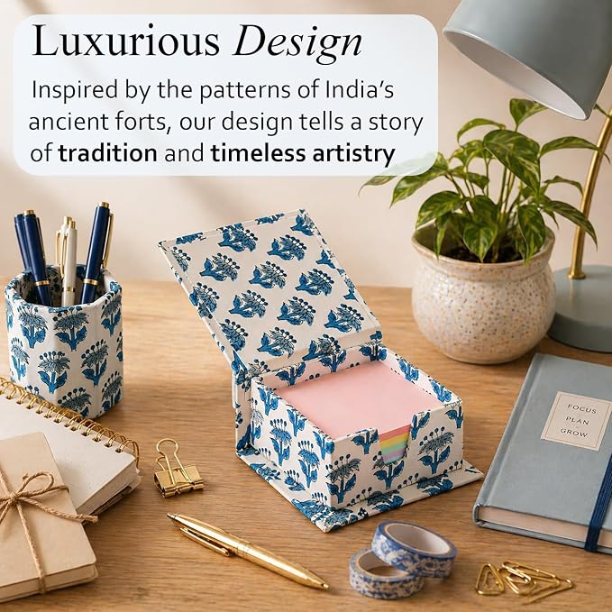 CPC Apatite Blue Block Print Cotton Desk Organizer Sticky Note Holder, 4'' X 4'' X 2'' Cute, Aesthetic, Decor Accessories, Workspace Organizers, Caddy Storage, Gift for Office, Professionals, Student