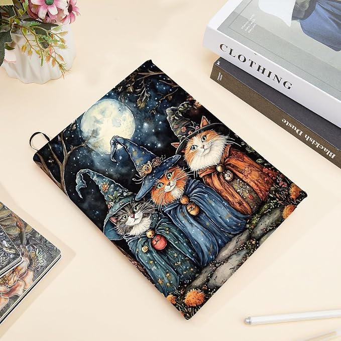 CRASPIRE Cat Book Cover Stretchable Book Sleeve Cover Notebook Wraps Large Rectangle Cloth Witch Cats Design Elastic Notebook Protector for Hardcover Paperback Textbook