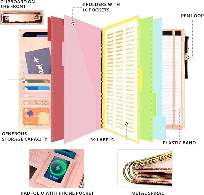Ospelelf Clipboard with Storage for Women, Leather Padfolio Portfolio Organizer 5 Folders with 10 Pockets, Spiral Clipboard Folio with Notepad for Letter Size, Elastic Closure and Pen Loop Rose Gold