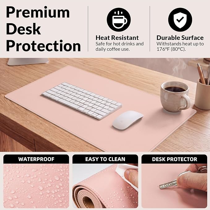 AFIING Cork Desk Mat, 31.5" x 17", Pink,Desk pad Protector | Dual-Sided Cork & PU Leather, Waterproof, Non-Slip, For Office & Gaming