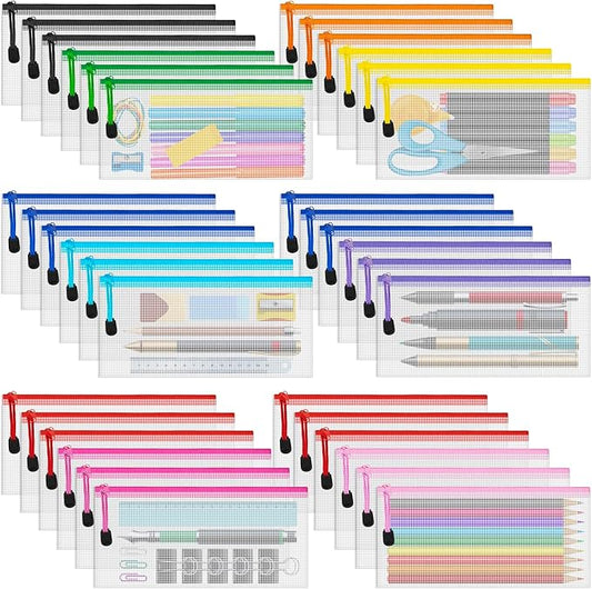 IKAYAS 80 Pack Clear Mesh Pencil Pouch With Zipper, Document Bag File Folders in 10 Colors for Organizing, School and Office Supplies