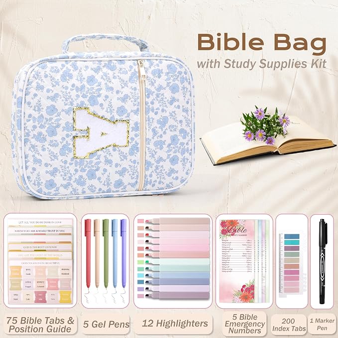 XKDOUS Bible Cover for Women Quilted Bible Bag Church Book Carrying Case with Letter A, Handle, Study Supplies Organizer Portable Church Book Carrier Christian Gifts for Mom, Lady