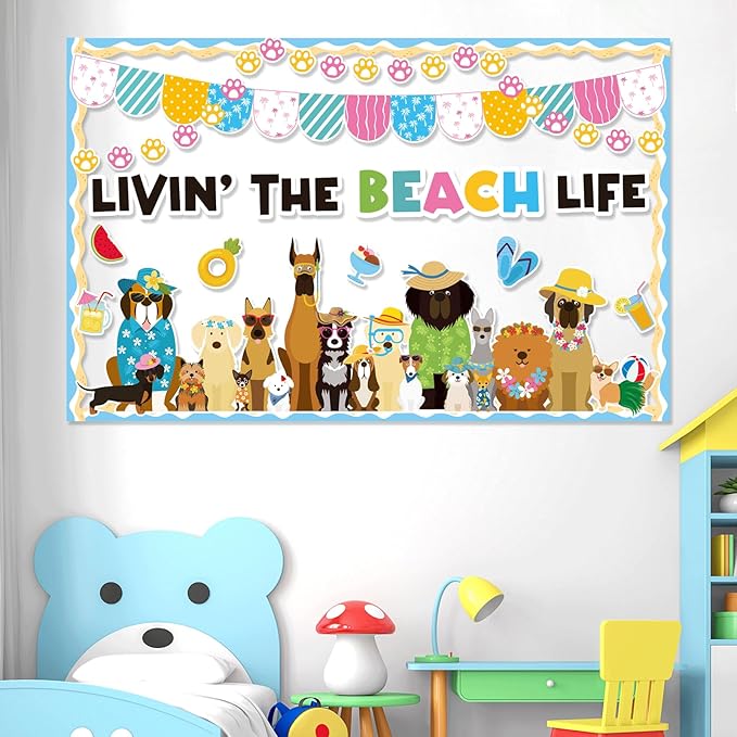 Justforjoyful Summer Dog Bulletin Board Decorations Hawaiian Dog Theme Classroom Back to School Bulletin Board Border Set Cute Puppy Pet Dog Paw Paper Cutouts for School Chalkboard Supplies Wall Decor